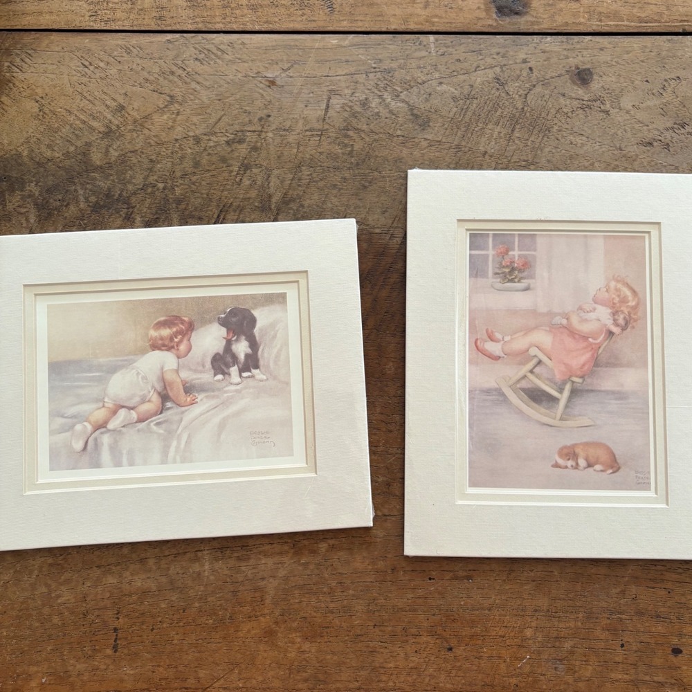 Bessie Pease Gutmann Sympathy & Lullaby Set of 2 Matted Lithograph Baby Puppy